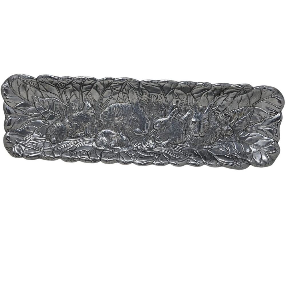 Vintage 90s Arthur Court 19x6 Silver Long Bunny Rabbit Easter Platter Spring